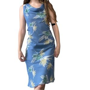 Vintage Ronni Nicole by Ouida Blue Drape Neck Hawaiian Print Floral Mini Dress